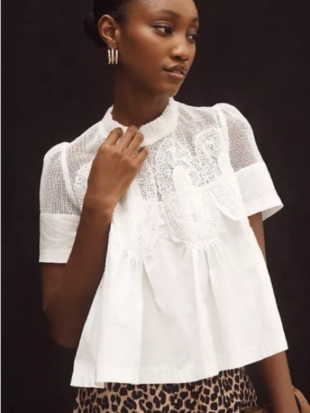 En Elly Iris White Short-Sleeve Lace Poplin Blouse Women's